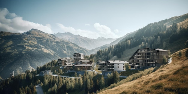 Urban city center on an alpine mountain majestic calm Generative AI AIG18