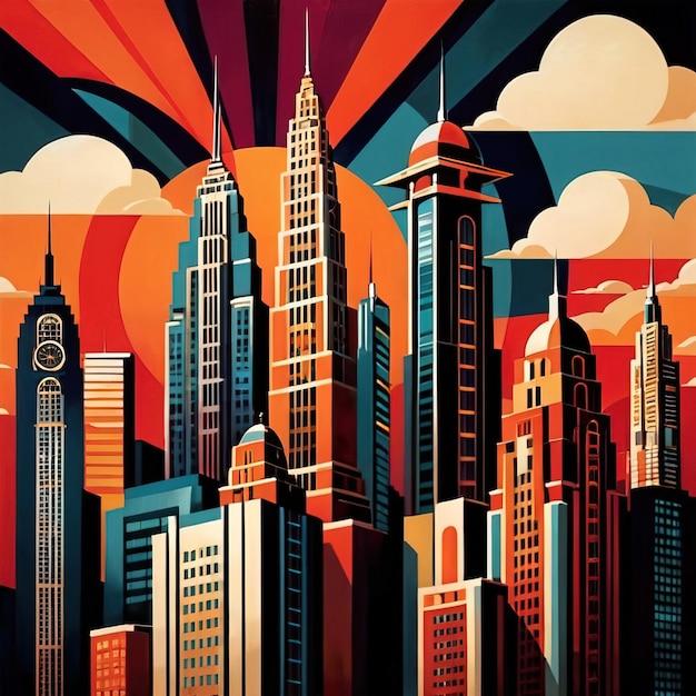 Photo urban cityscape with skyscrapers in retro modern vintage art deco illustration