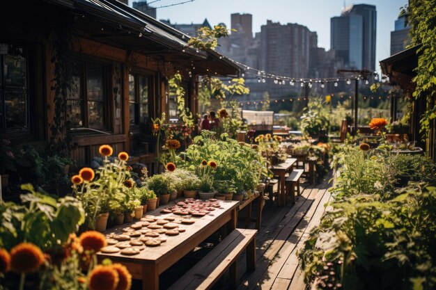 Photo urban community garden in contrast to skyscrapers generative ia