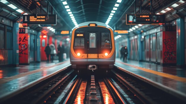 Urban Commute Metro Train Arriving at GraffitiSplashed Station