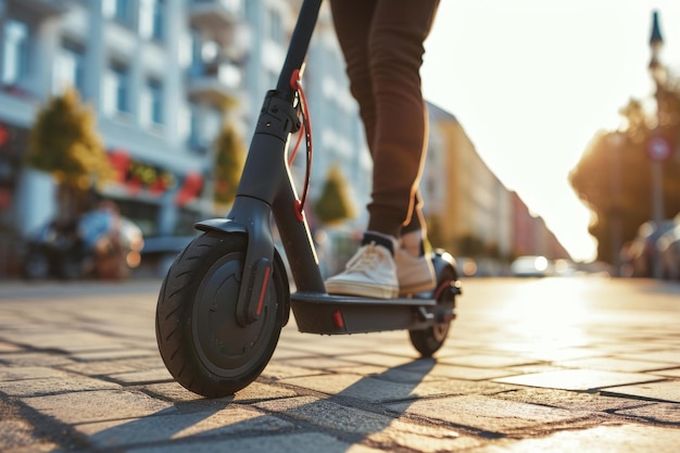 Foto un pendolare urbano su uno scooter elettrico al tramonto