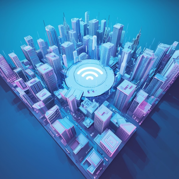 WIFI ネットワークを表す都市風景の中の都市接続 Wi-Fi シンボル ソーシャルメディア 投稿 S
