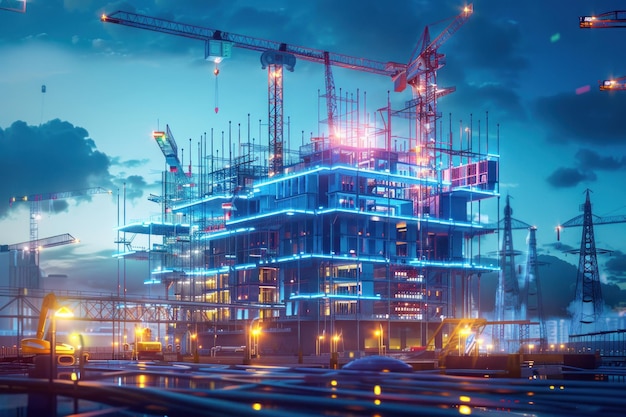 An urban construction site at night illuminated by drones