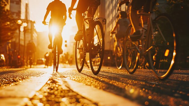 Urban cyclists captured in motion against a sunset backdrop is ai generative