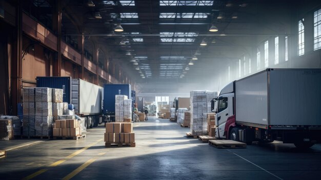 Urban Delivery Hub Trucks Loading and Unloading Goods in a City Warehouse