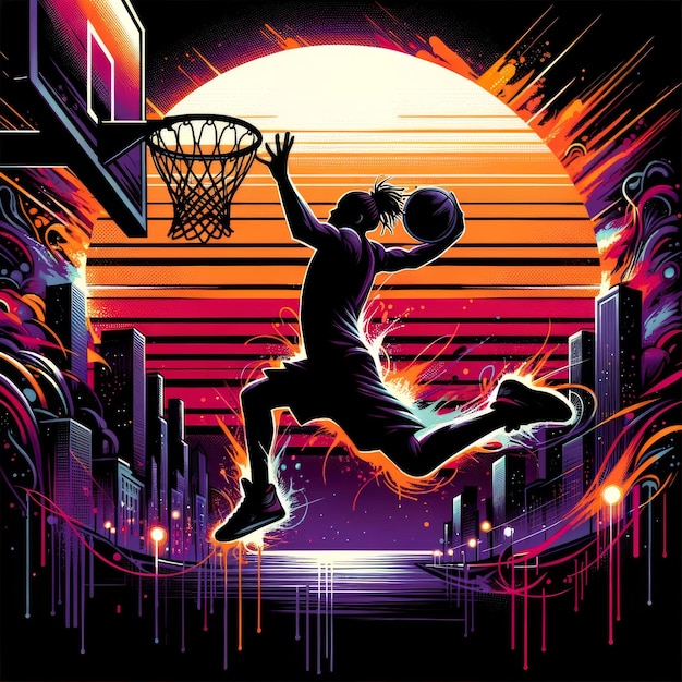 Foto urban dusk basketball slam dunk (basketball urbano al tramonto)