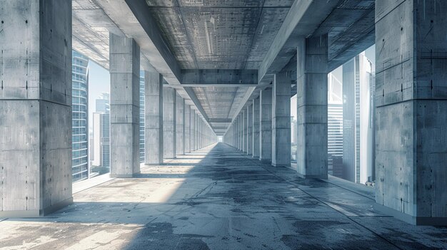 Urban Echo Concrete Catwalk A Long Hallway with Concrete Pillars and Windows