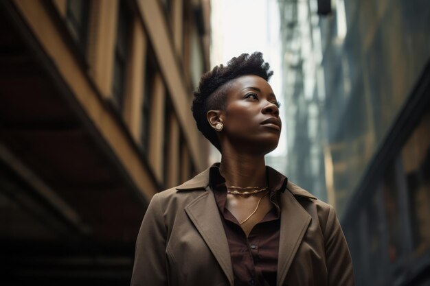 Urban Empowerment Woman Gazing Upwards Amidst City Structures