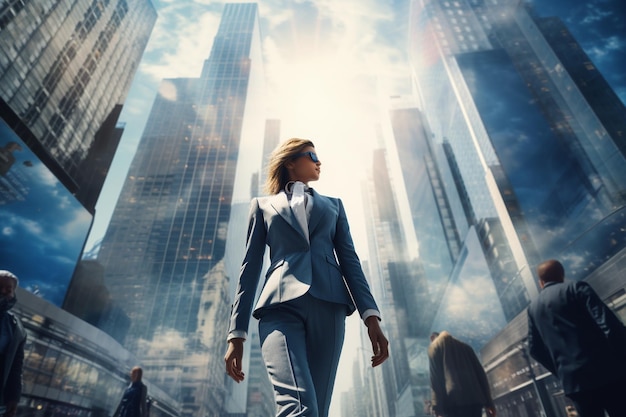 Photo urban environment where a woman in trendy clothes walks between big city buildings