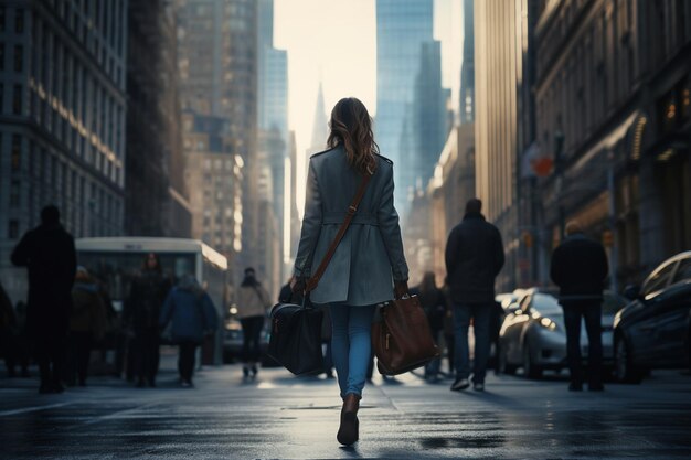 Urban environment where a woman in trendy clothes walks between big city buildings