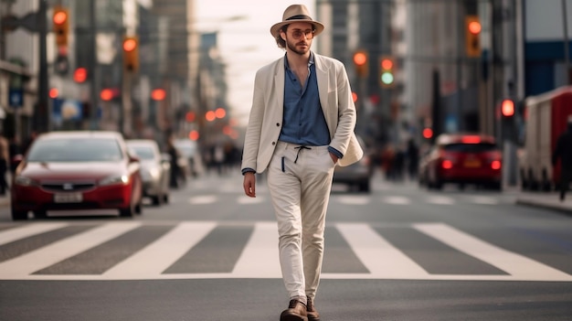 Urban Explorer Casual Dressed Man Crossing the Road Outdoors Ai