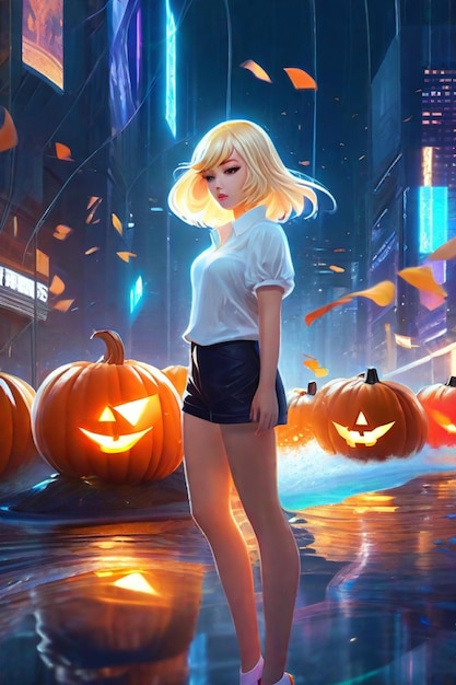 Urban Fantasy Korean Anime Girl's Nocturnal Pumpkin Halloween in NYC