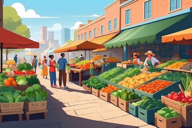 Photo urban farmer market flat color vector illustration sellers counters with clothes and food