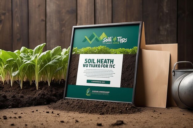 Photo urban farming workshop soil health tips signage mockup with empty space for placing your logo