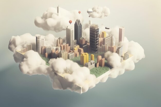 Urban float landscape with city streets and highrise buildings floating above the clouds