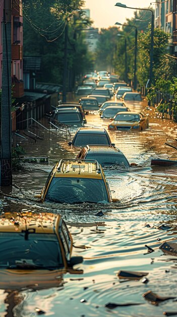 写真 自然災害の後,都市の洪水の後,水に浸かった車 垂直モバイルウォールペーパー