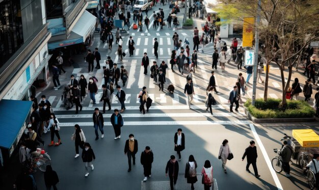 多くの人が歩いている混雑した通りのトップビュー ダイナミックな都市生活の動き