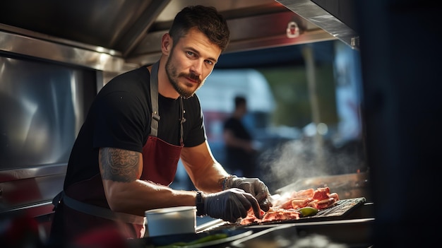 Urban food truck ondernemer die heerlijk straatvoedsel samenstelt met passie Generatieve AI