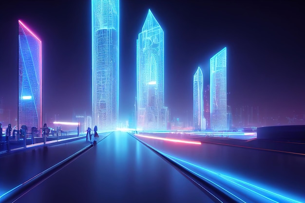 Urban futuristic infrastructure of a smart night city with blue 3d rendering. Raster illustration.