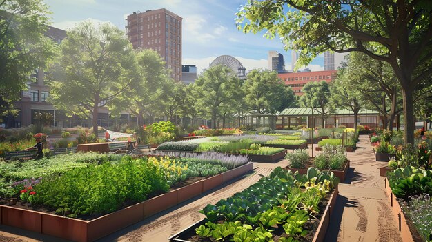 An urban garden in a city with a view of the skyline