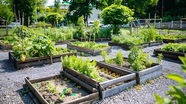 Photo an urban garden with raised beds full of lush green vegetables and flowers