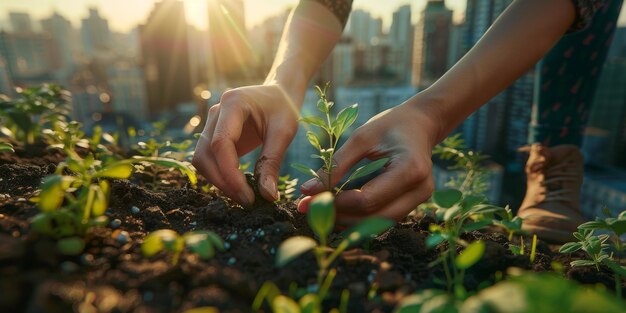 夕暮れの都市ガーデニング 都市環境で苗を植える