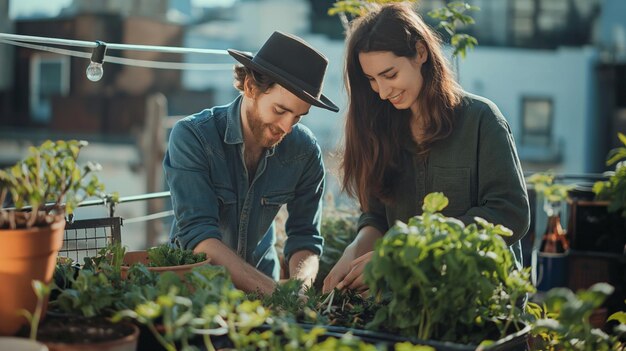 Urban Gardening Trends Portret Stijlvol jong echtpaar dat biologische groenten verbouwt op het dakterras