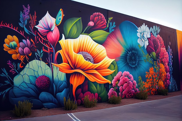 Городское граффити с росписью яркого цветочного сада