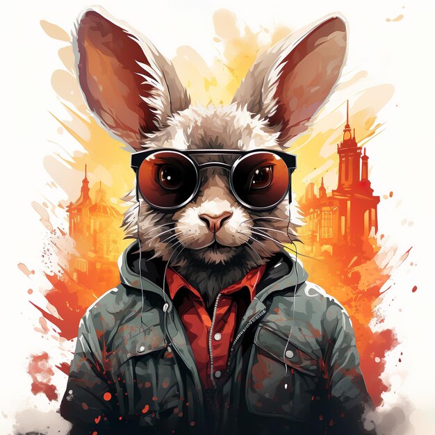 Городской граффити Bunny Badass Rabbit персонаж мультфильма "Вектор" с неоновым городским фоном