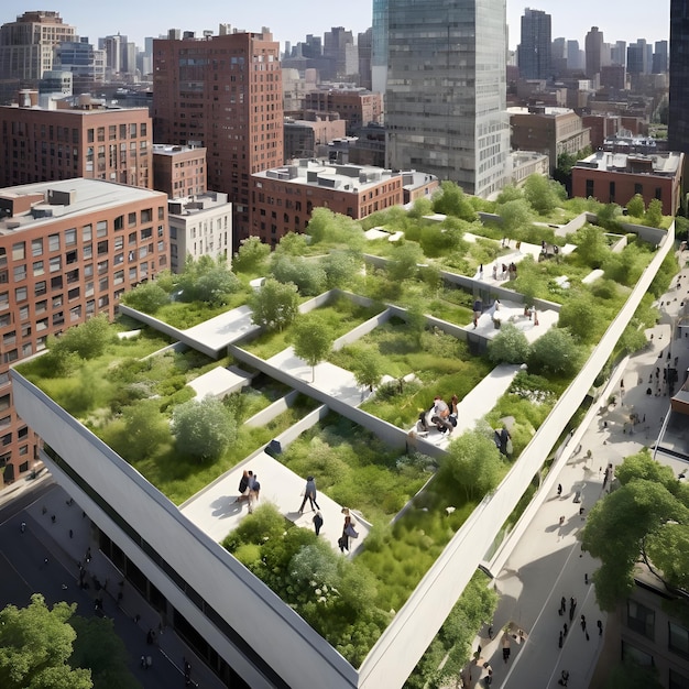 Urban Green Spaces Capture urban parks green rooftops or ecofriendly architecture to demonstrate