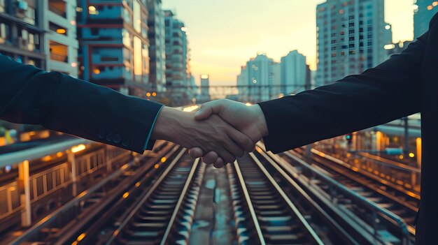 Urban handshake above cityscape rail tracks business agreement in metropolitan setting with warm tones professional lifestyle and partnership AI