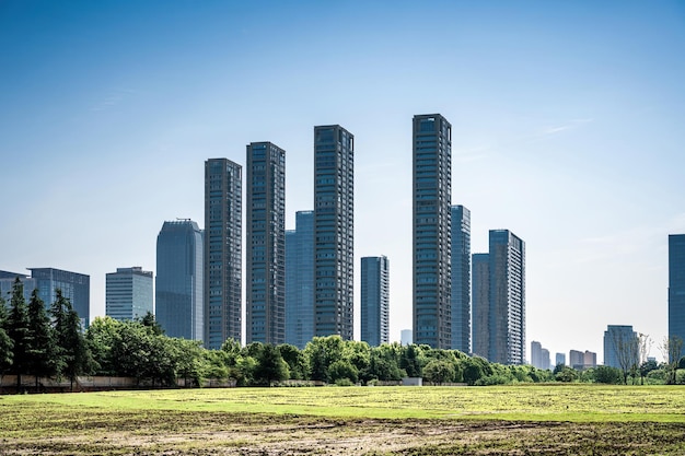 Urban highrise buildings behind the lawn