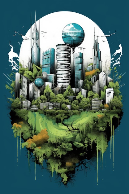 Urban Jungle Cityscape with wildlife motifs symbolizing the merging of urban and nature Professional tshirt design vector