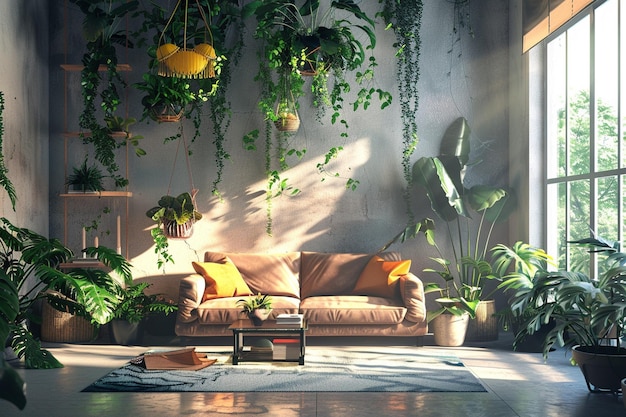 Urban jungle living room with hanging plants octan