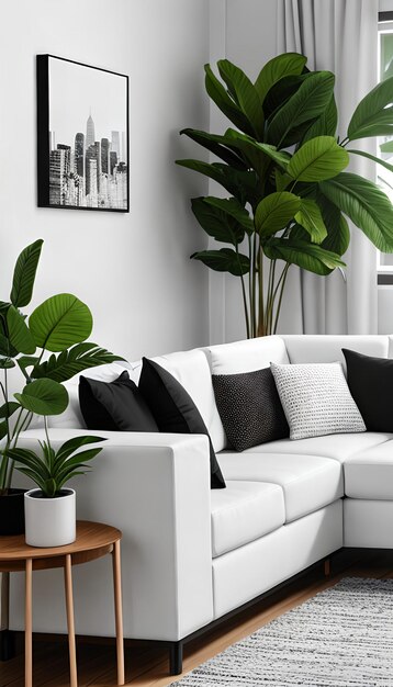 Urban jungle in trendy living room interior with white couch with black knot pillow