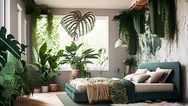 Urban jungleinspired bedroom with lush indoor plants and botanical prints