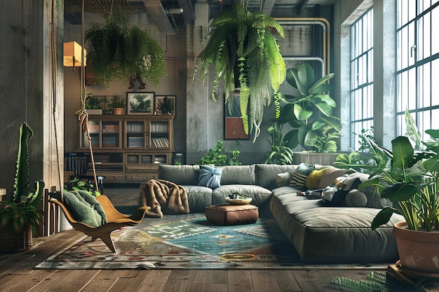 Urban jungleinspired living room with hanging plan