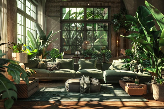 Городская гостиная в стиле джунглей с пышной зеленью