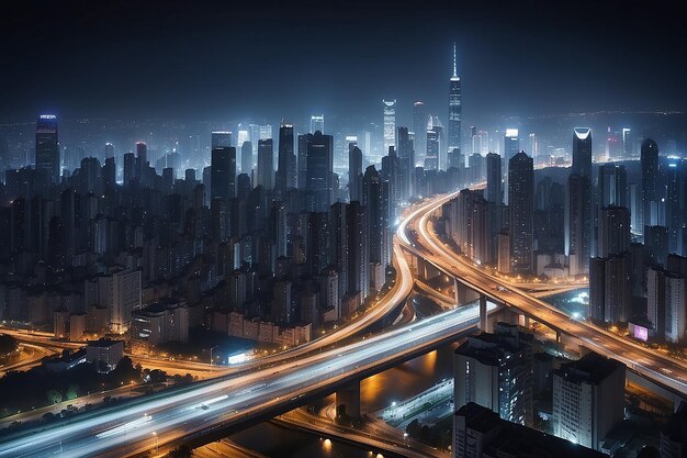 The urban landscape at night and through the city traffic