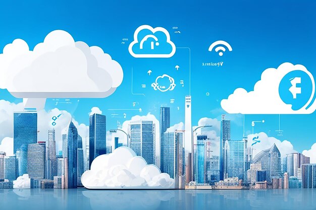 Urban landscape with icons smart city flat design social media internet network clouds
