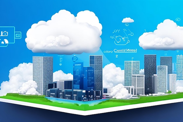 Urban landscape with icons smart city flat design social media internet network clouds