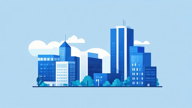 Urban landscape with modern buildings skyscrapers Simple minimal geometric flat style with blue co