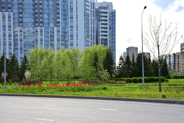 urban landscape with road, buildings and public park