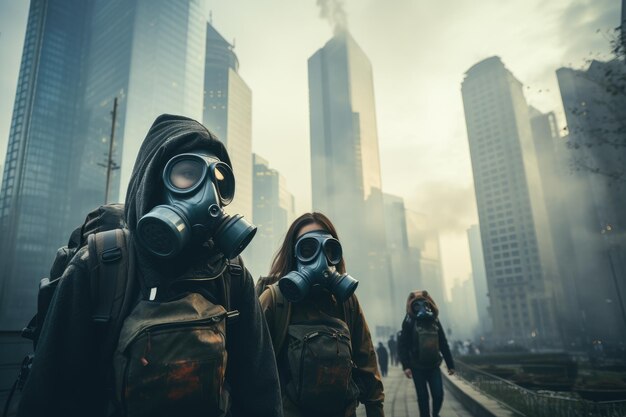 Urban life as people young and old wear protective masks amidst a smoggy cityscape