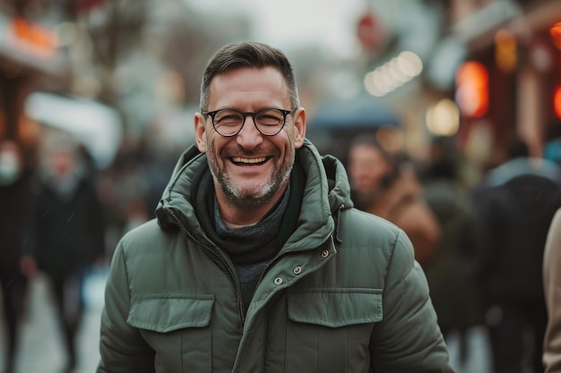 Urban Life Middleaged Man Smiling Amidst City Bustle