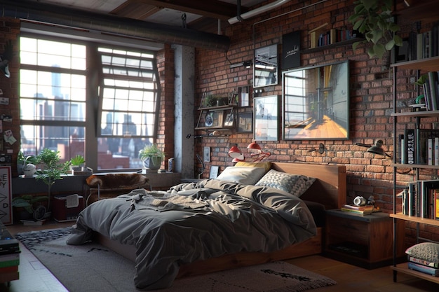 Urban loft bedroom with exposed brick walls and in