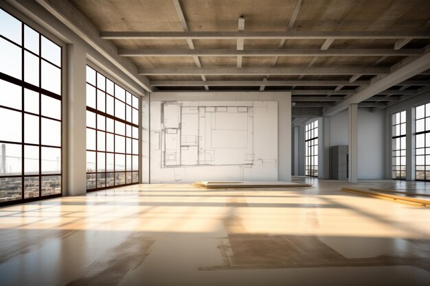 Urban loft design space with concrete ceiling and large windows