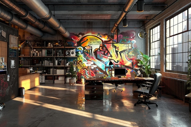 사진 그래피티 벽화와 인딩이 있는 도시 로프트 사무실