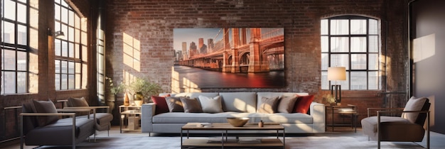 Urban loftstyle apartment interior with exposed brick walls and large windows