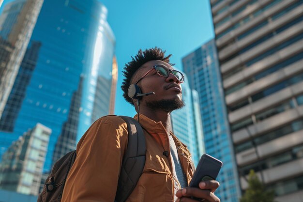 Urban Man Enjoying Music on Headphones in City with AI generated